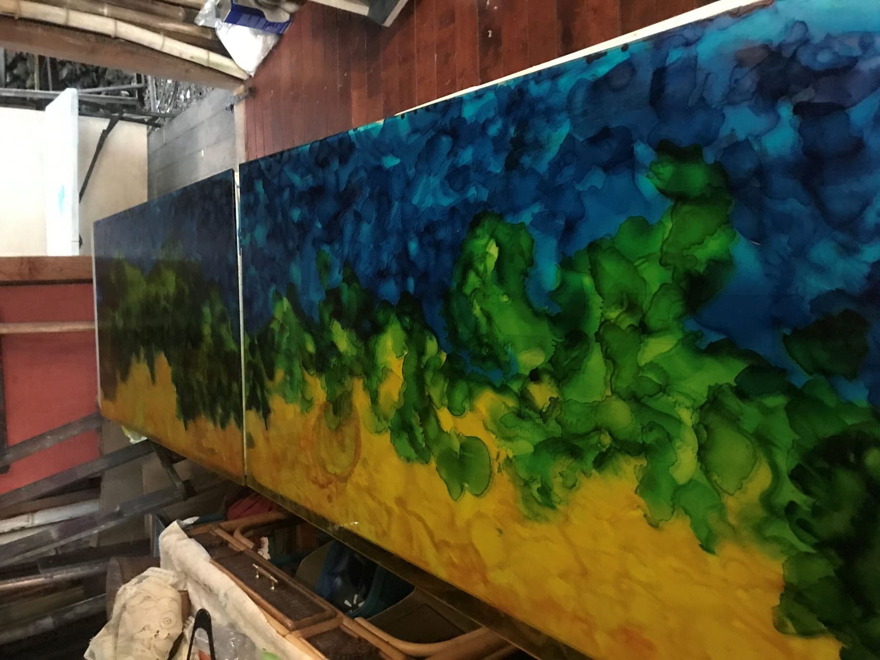 Alcohol ink glass sneeze guard panels for the Hungry Honu